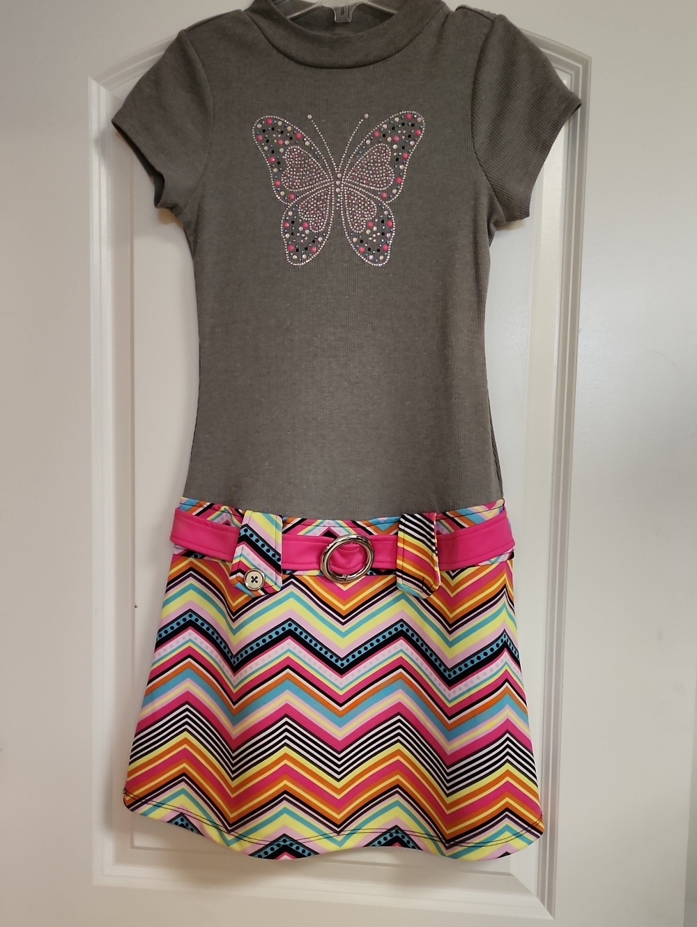 Pink & Violet Girls Marsha Chevron Dress Rhinestone Butterfly Gray XL 14/16 EUC